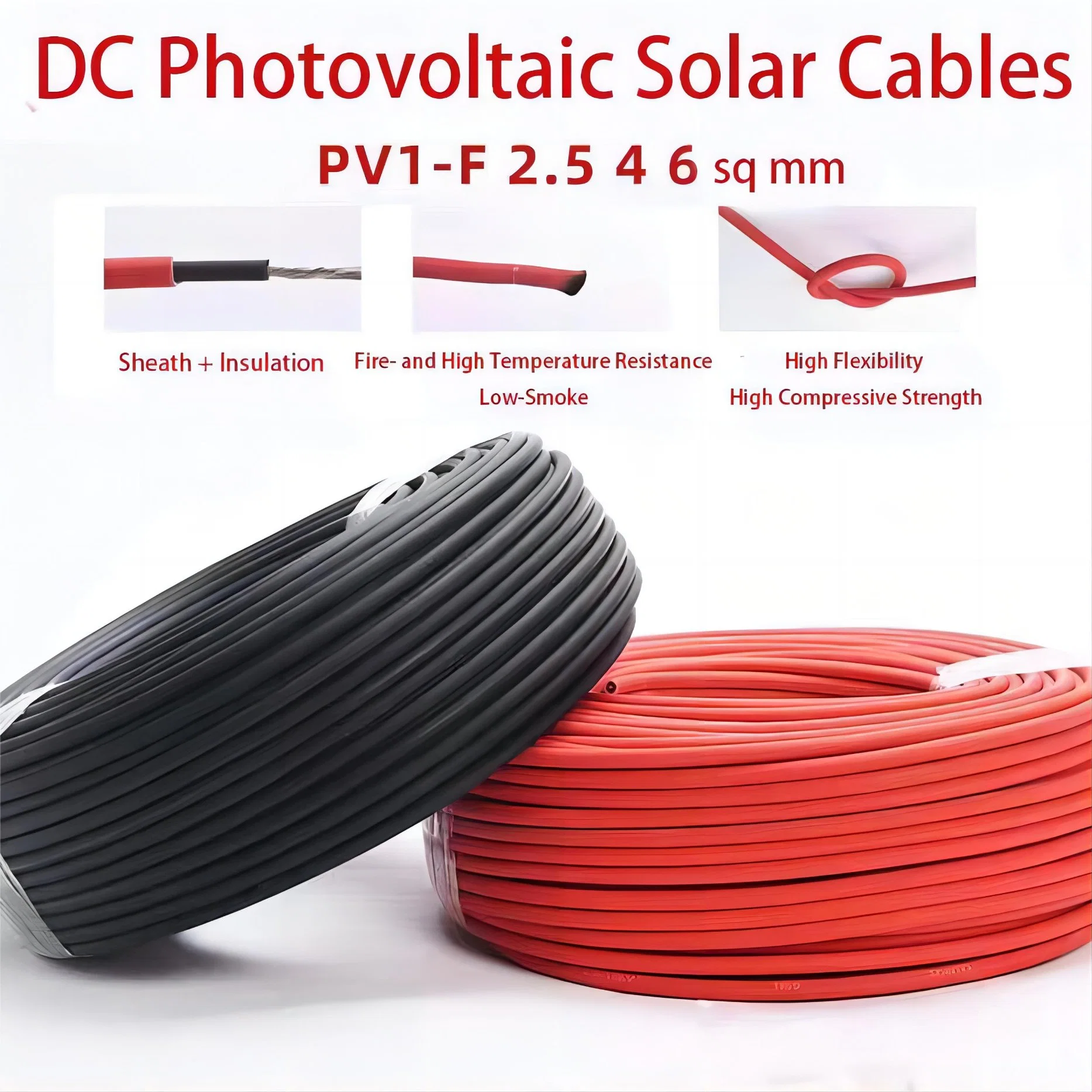 Solar Photovoltaic Cable PV1-F 4/6mm Flame Retardant Low Smoke and Fire-Resistant Halogen-Free Tinned Copper Wire