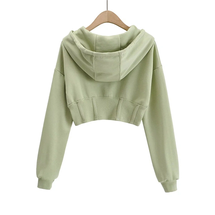 Spring New Ultra Short Style Waist Closed Fish Bone Long Sleeve Leisure Cardigan Top Sports Hooded Zipper Hoodie Coat Female