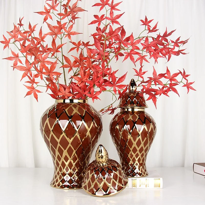 J134brga Home Decor Luxury Furniture Gold Rhombus Design Ginger Jar Ceramic Large Brown Flower Vase for Hotel