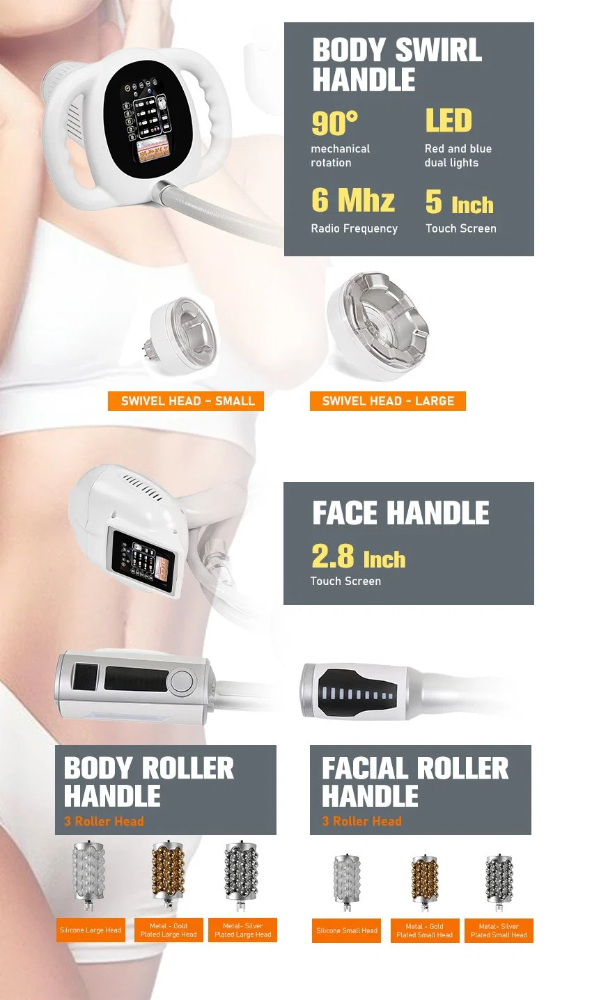 Rodillo de vacío 5 en 1+6 MHz de frecuencia de radio de giro mecánico+180+LED Full Body Shaping de levantamiento facial Dispositivo de drenaje linfático