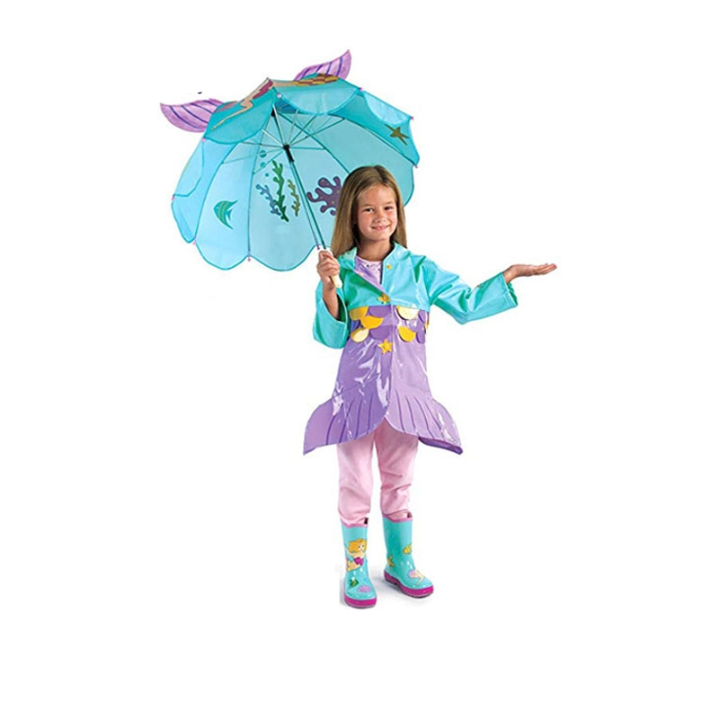 Blue Mermaid Umbrella for Girls with Fun Seahorse Handle and Pop-up Tail