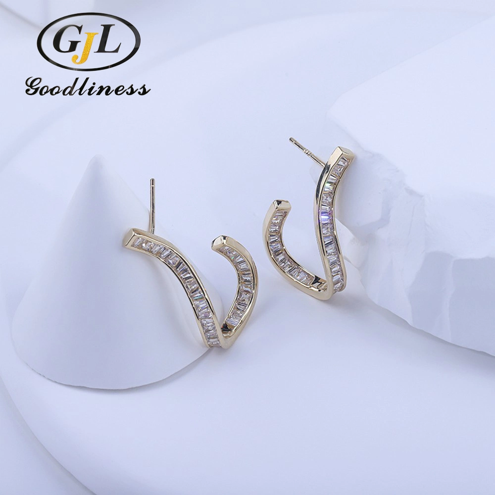 Gold CZ Ear Jacket Ear Cuff Bar Design Piercing Women Stud Earrings Hot Sale Jewelry