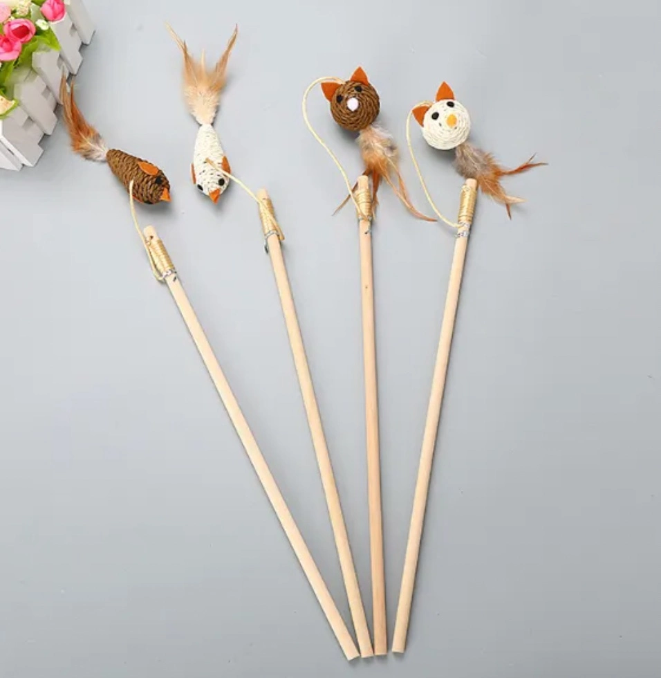 Wholesale/Supplier New Design Mouse Head Bird Wooden Pole Interactive Cat Teaser with Feather