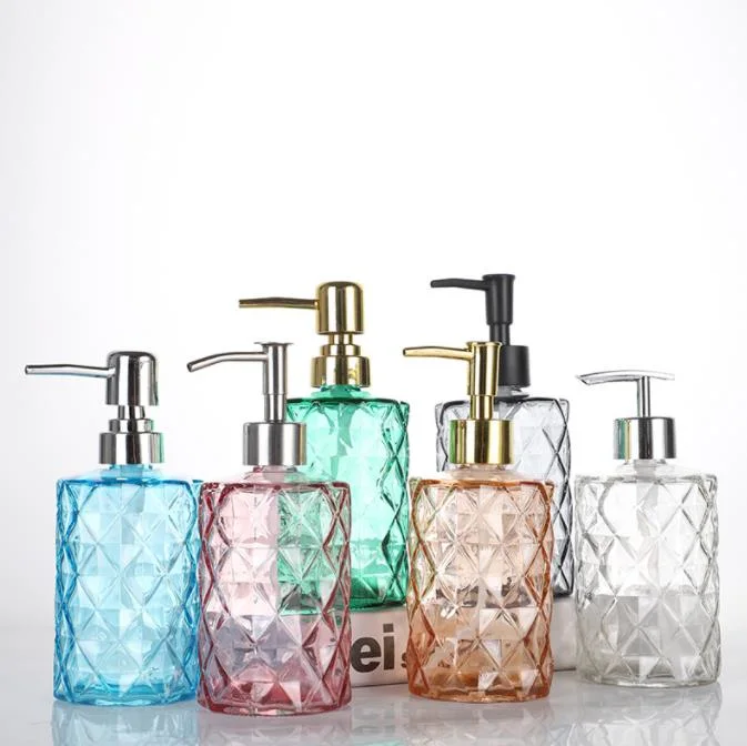 Hand Soap Bottle Diamond Shaped Glass Bottle Pressed Lotion Sealed Bottle Bath Gel Dispensing Bottle Wholesale