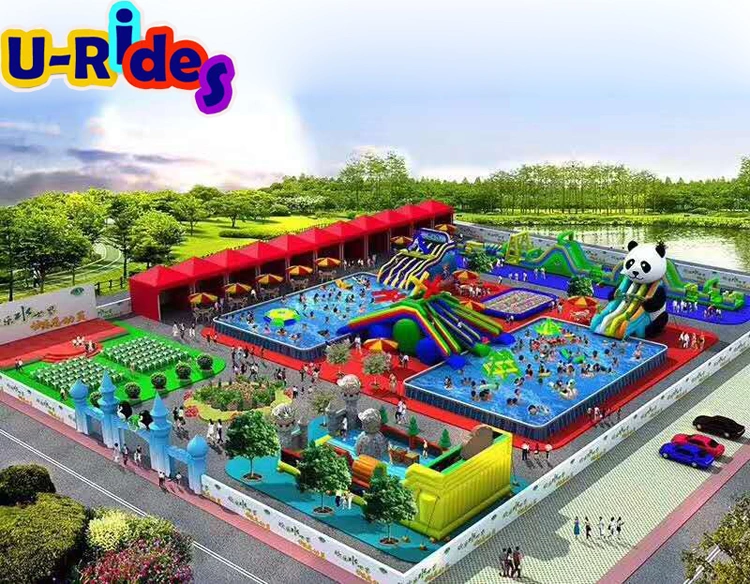 Parque de escorregador inflável comercial móvel grande com piscina de estrutura fabricante de parque aquático inflável em terra e água para parque de aventuras.