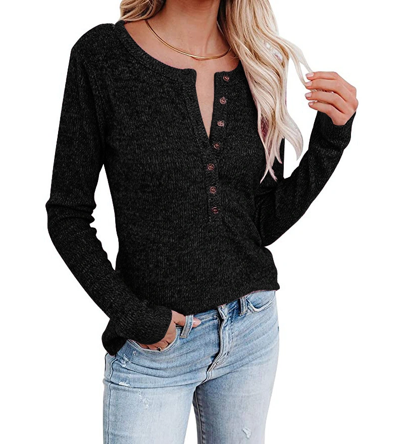 Factory Customized Chest Button Casual Cheapest Woolen Knitwear Long Sleeve T Shirt for Women