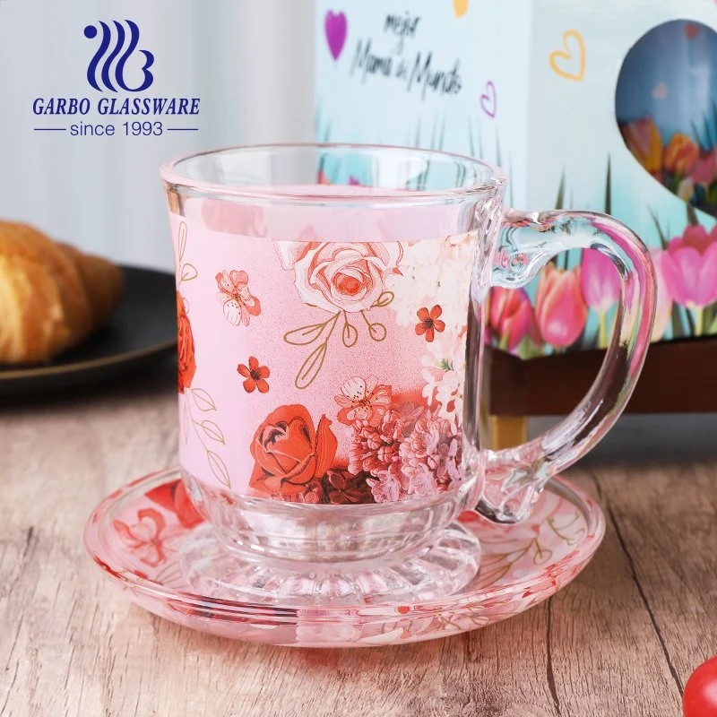 South America Hot Sales Glass Mug and Saucer Set with Full Decal Printing Mother's Day Promotion Customized Glass Cup Set