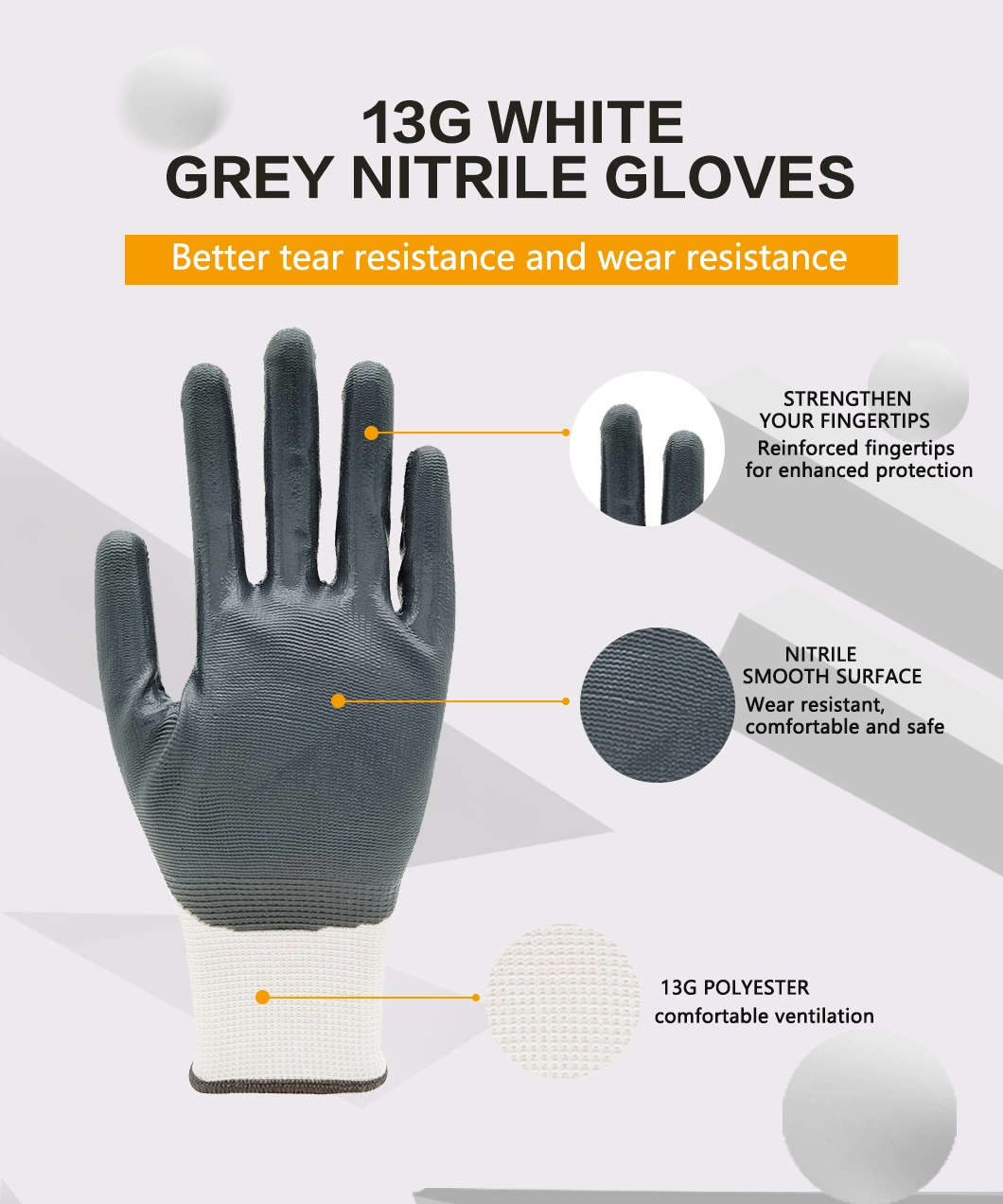 Usine de vente directe de gants de travail de sécurité protecteurs pour la construction industrielle, avec doublure en polyester de calibre 13 et paume en nitrile enduite de gris