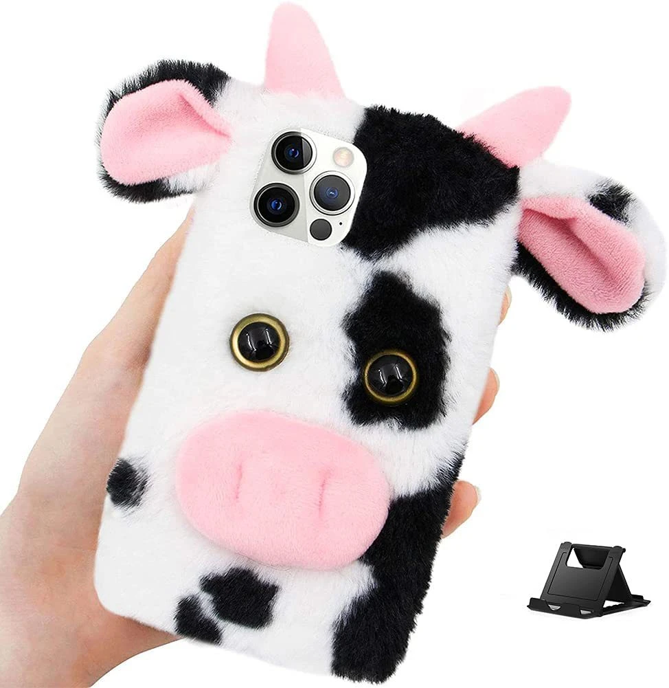 Plush Mobile Phone Case Cow Piglet Protective Cover, Cartoon Animal Faux Fur Shell Plush Shockproof Back Cover