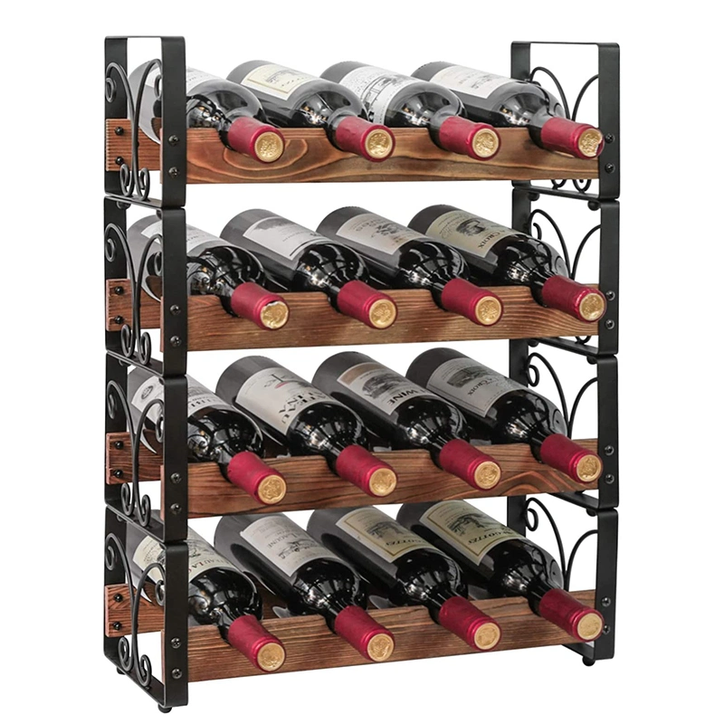 Organizador de botellas de vino de madera de 2 niveles apilable y desmontable con estante de metal premium fácil de montar