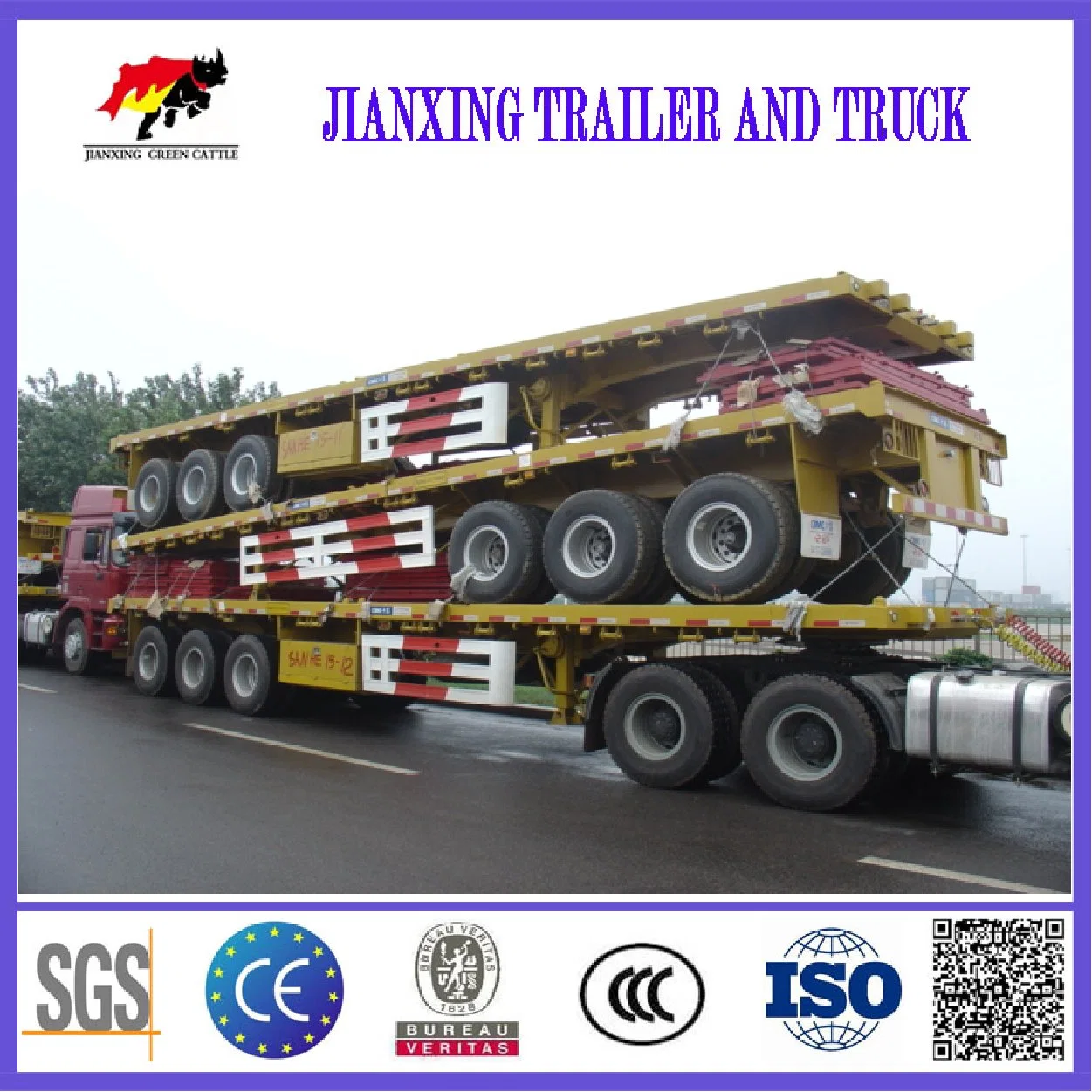 Heavy Duty Jiannxing 40 pieds à plat 3 lit 4 essieux 20ft 40ft 50ft 60FT conteneur semi remorque de camion à plat pour la vente