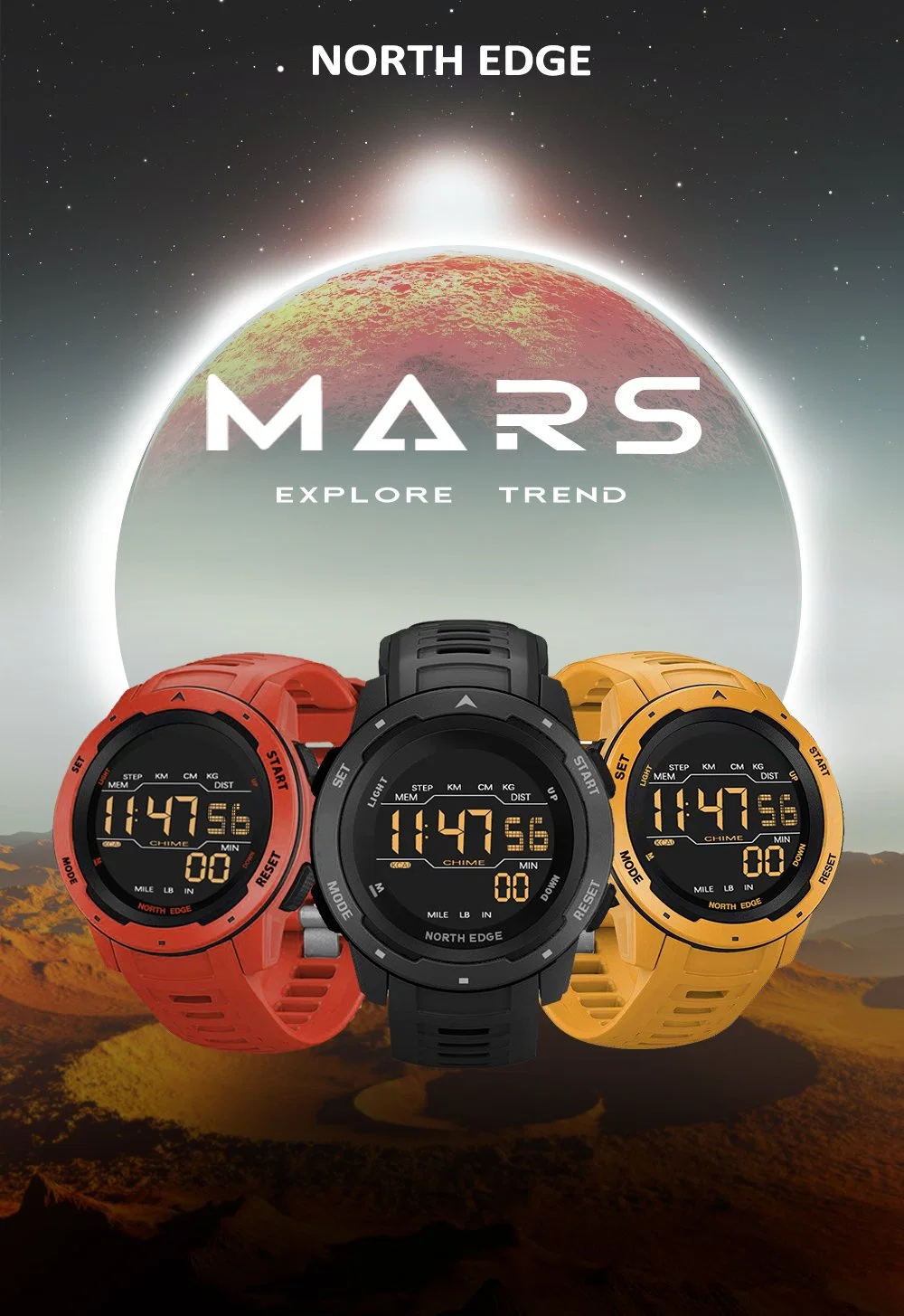 2022 North Edge Mars boîtier plastique Sport Digital Watch 5ATM Montre électronique résistante à l'eau montre Smart Watch Gift montres 005