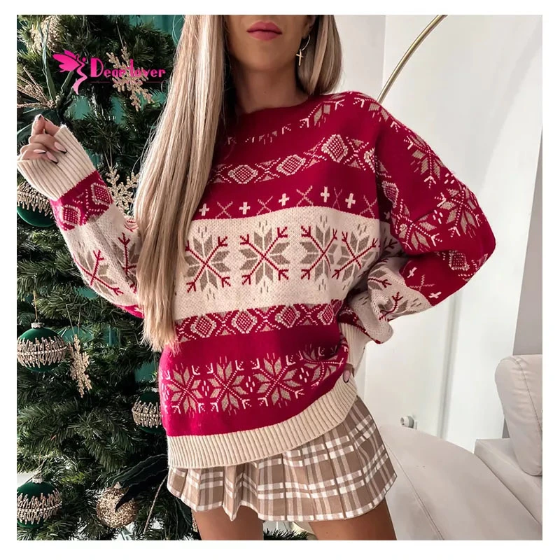 Dear-Lover Winter Wholesale Designer Women Clothing Ladies Garment Knitted Snowflake Geometric Pattern Christmas Sweater