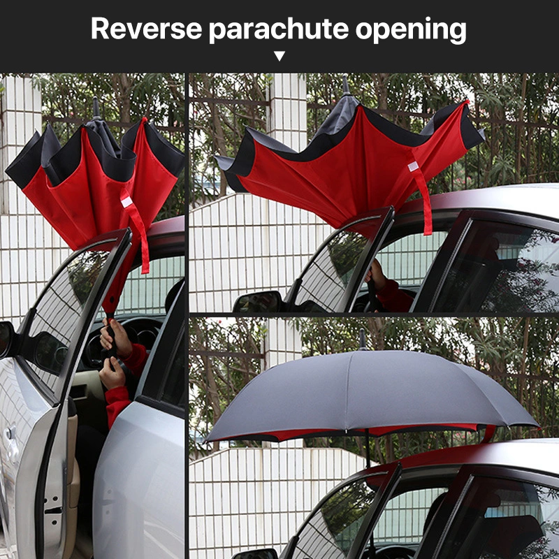 Double couche 8 nervures poignée droite parapluie de marche arrière pour voiture