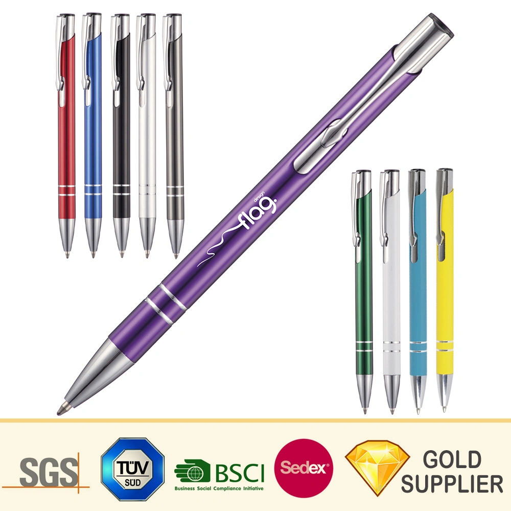 Moda de alta qualidade elegante encantadora Metal Plástico o logotipo personalizado impresso em alumínio da marca roller ball Pen Promoção Luxo Capota 0,5-0,7mm Caneta esferográfica