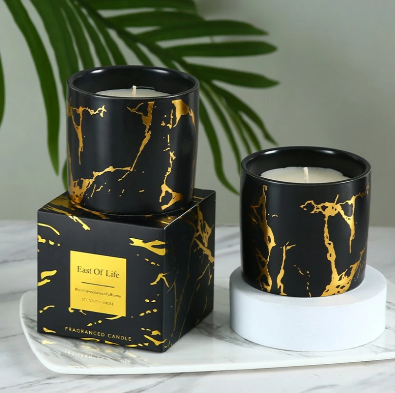 Gold Marbled Ceramic Cup Fragrant Wax Romantic Atmosphere Scented Jar Soy Candle with Lid Decorate