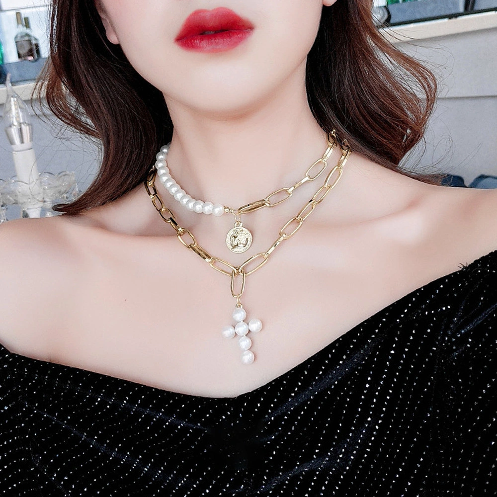 Hot Selling Double Layer Necklace Pearl Portrait Decoration Cross Jewelry