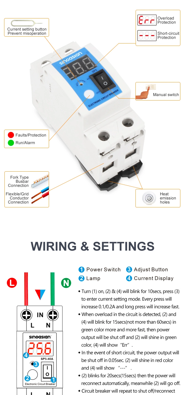 Iraq 40A Current Adjust Overload Electronic Circuit Breaker Short-Circuit Protector