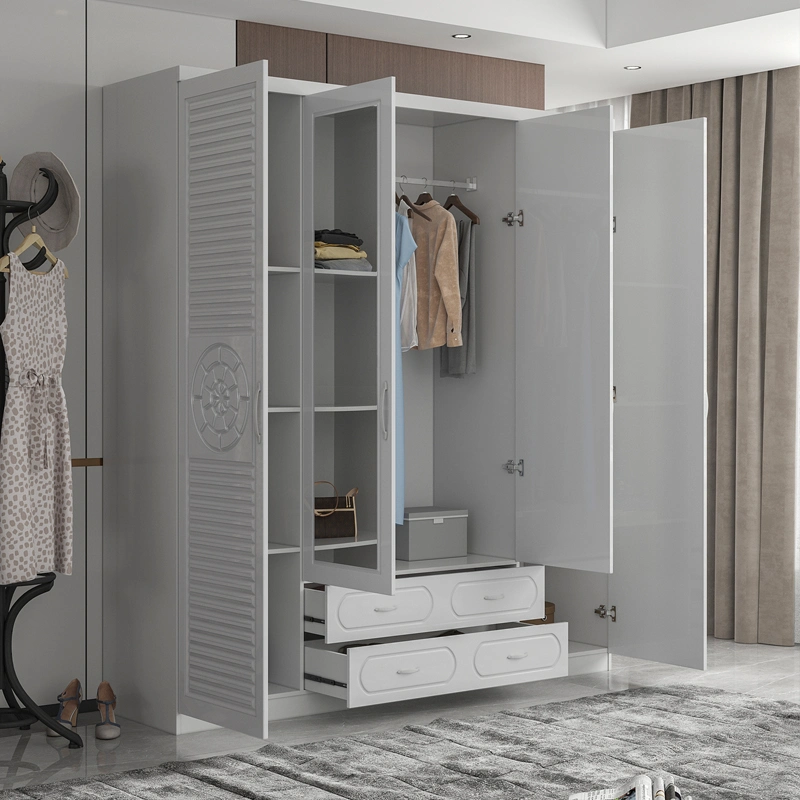 Modern Style White 4 Door Wardrobe Closet Cabinet Nordic Bedroom Furniture Set 500 mm Depth Almirah with Mirror