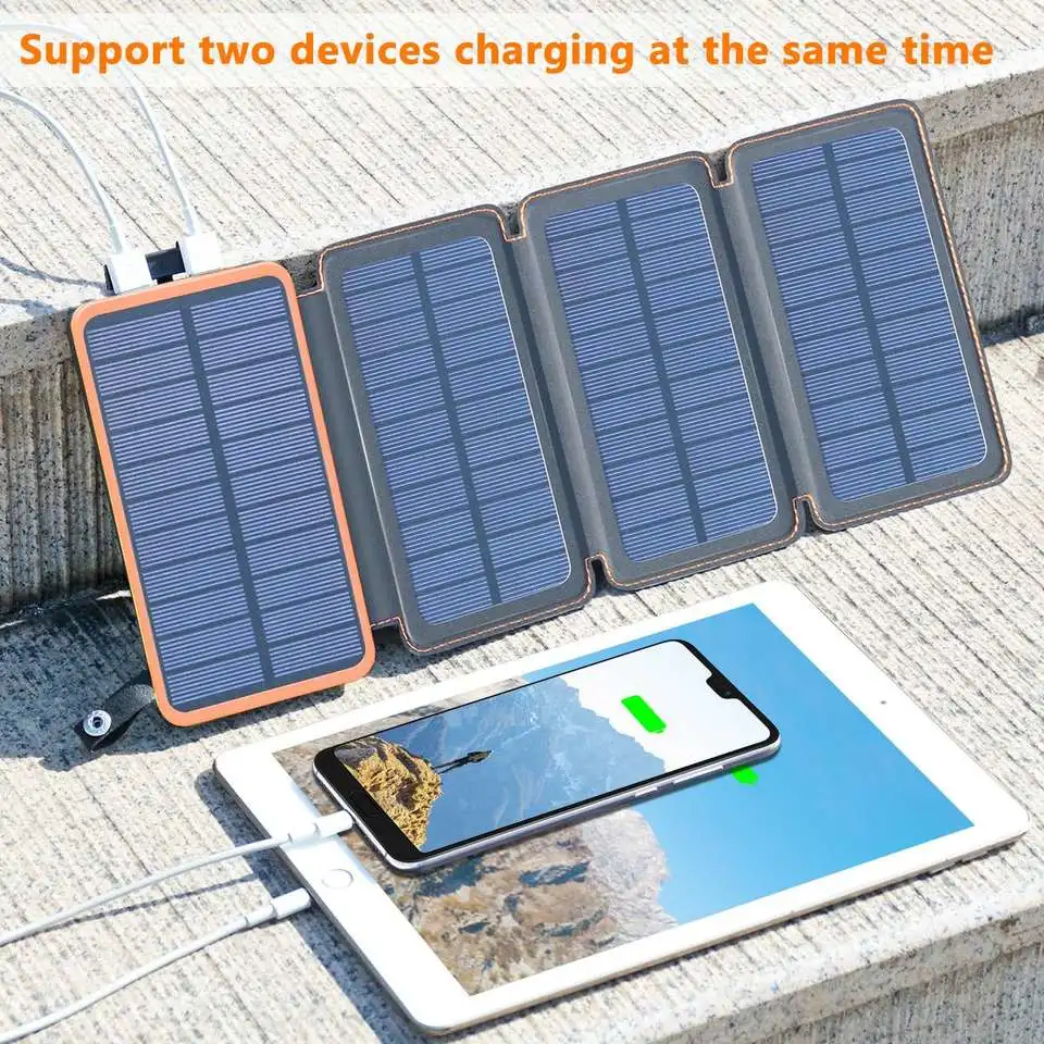 Hot Sale impermeável Solar 10000mAh Power Bank Camping Portátil para exteriores Painéis solares dobráveis 5V 2A dispositivo de saída USB alimentação solar