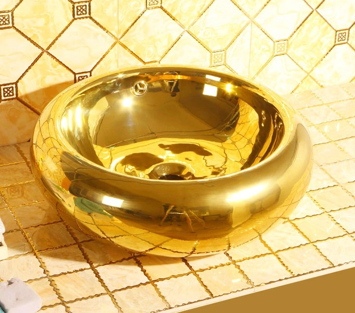 Luxury Ceramic Gold Floral Design Table Top Art Wash Basin Bathroom Sink for Hotel or Villa