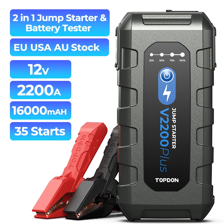 Topdon V2200plus 2200A 12V 16000mAh 35 Start Per Charge Portable Smart Battery Booster Jump Pack Powerful Power Bank 2-in-1 Battery Tester Car Auto Jump Starter