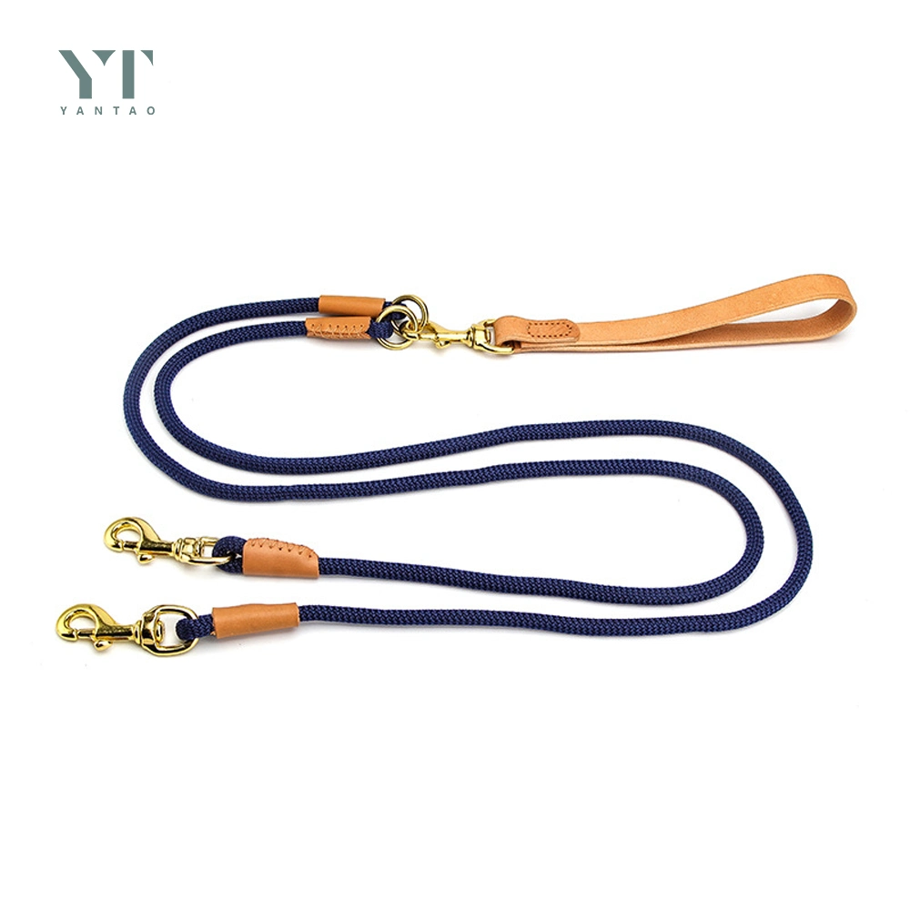 New Design Pet Product Durable Nylon Dog Rope with Luxury Leather Handle Multi Head Rope Detachable Traction Pet Rope for One to Three Pet Dogs