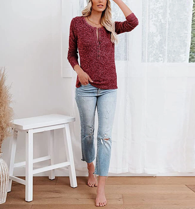 Factory Customized Chest Button Casual Cheapest Woolen Knitwear Long Sleeve T Shirt for Women