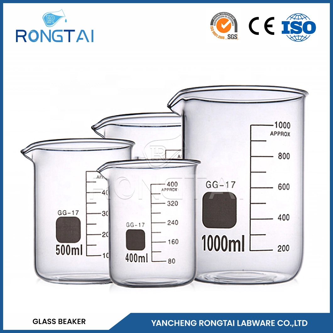 Rongtai Fabricants de Verrerie de laboratoire commun Chimie Triangle Beaker Chine 800ml bécher en verre à double paroi de 100 ml 1000 ml