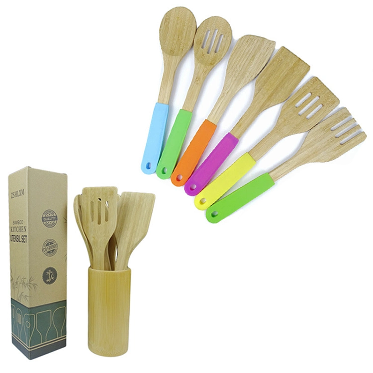 6 PCS Kitchenware Home and Kitchen Cooking Accessories Silicone Bamboo Utensils Set with Silicone Handle