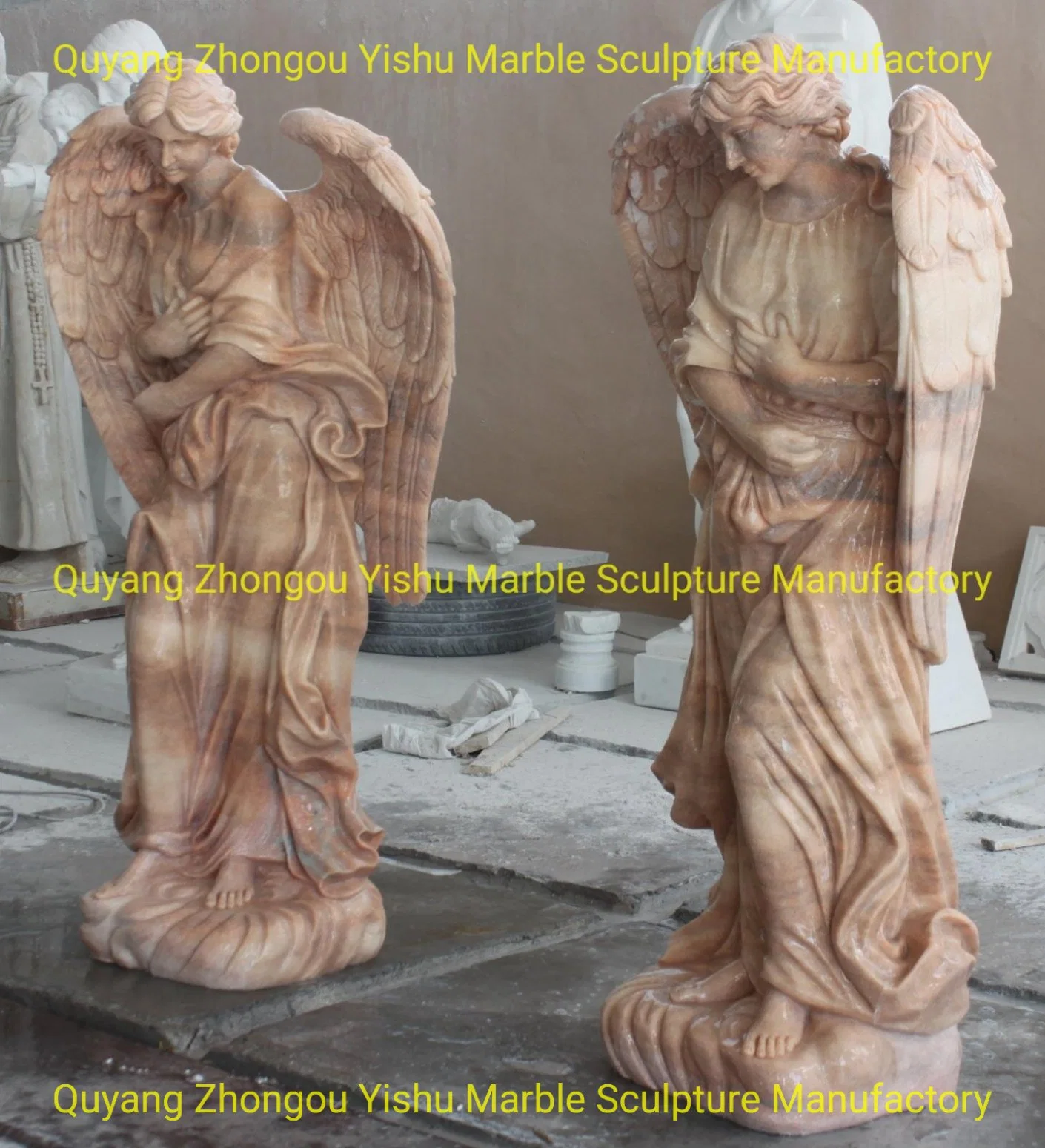 a Pair of Sunglow Marble Angel Sculpture Standing for Memorial