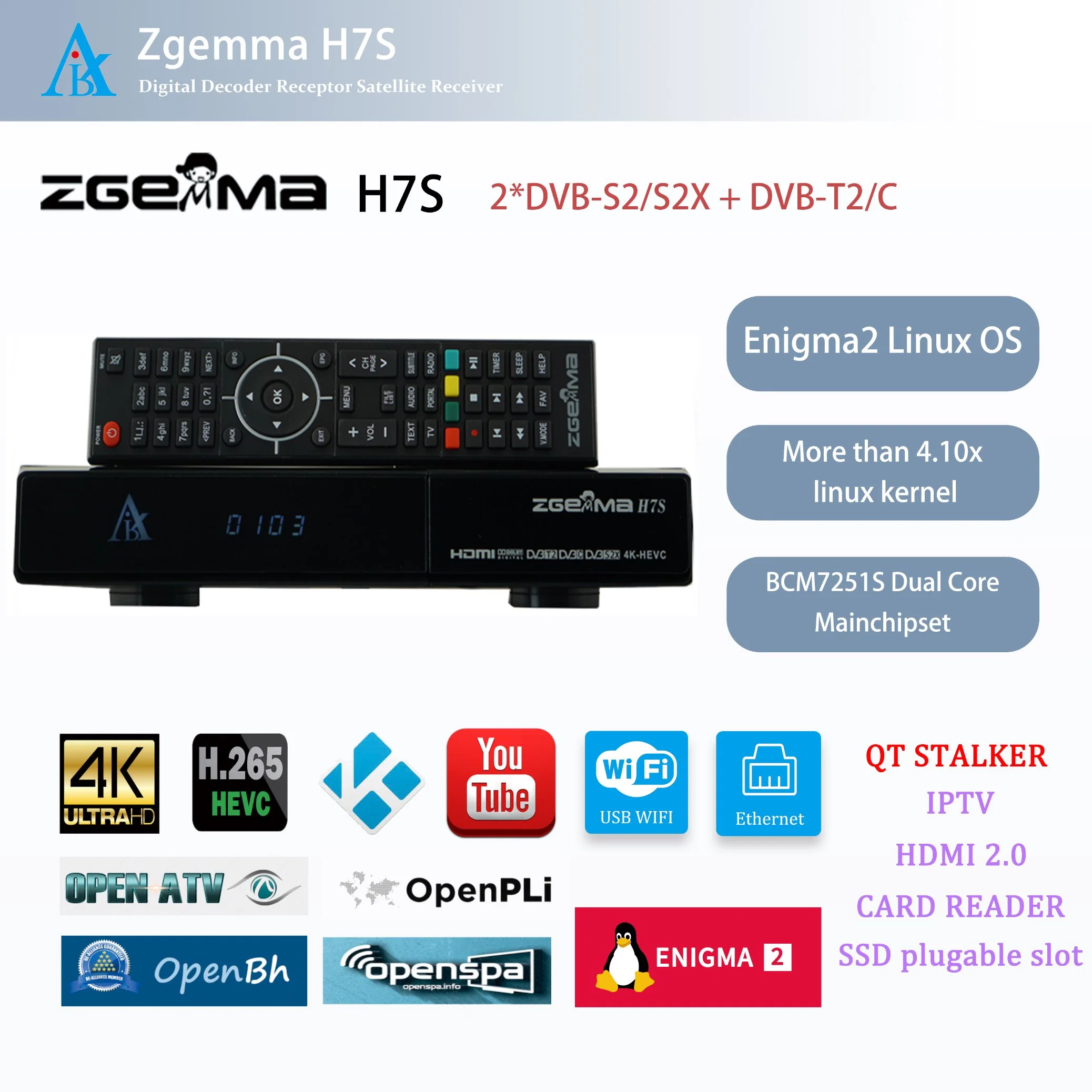 جهاز استقبال تلفزيون متصل بالأقمار الصناعية Zgemma H7s قوي - Enigma2 Linux OS، 2*DVB-S2/S2X + DVB-T2/C Hybrid Tuner TV Decoder