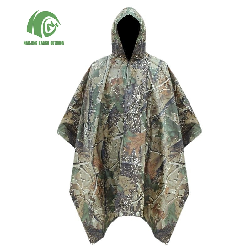 Kango Military Camouflage Portable Polyester PU Coated Raincoat Rain Poncho for Camping Hiking Hunting