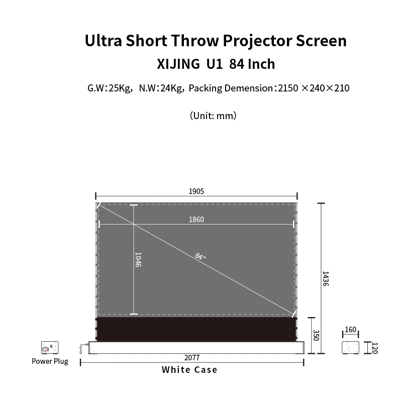 Xijing U1 Écran de cinéma à domicile de 84 pouces HD Motorisé Ust Alr Écran de projecteur portable à courte portée sur le sol.