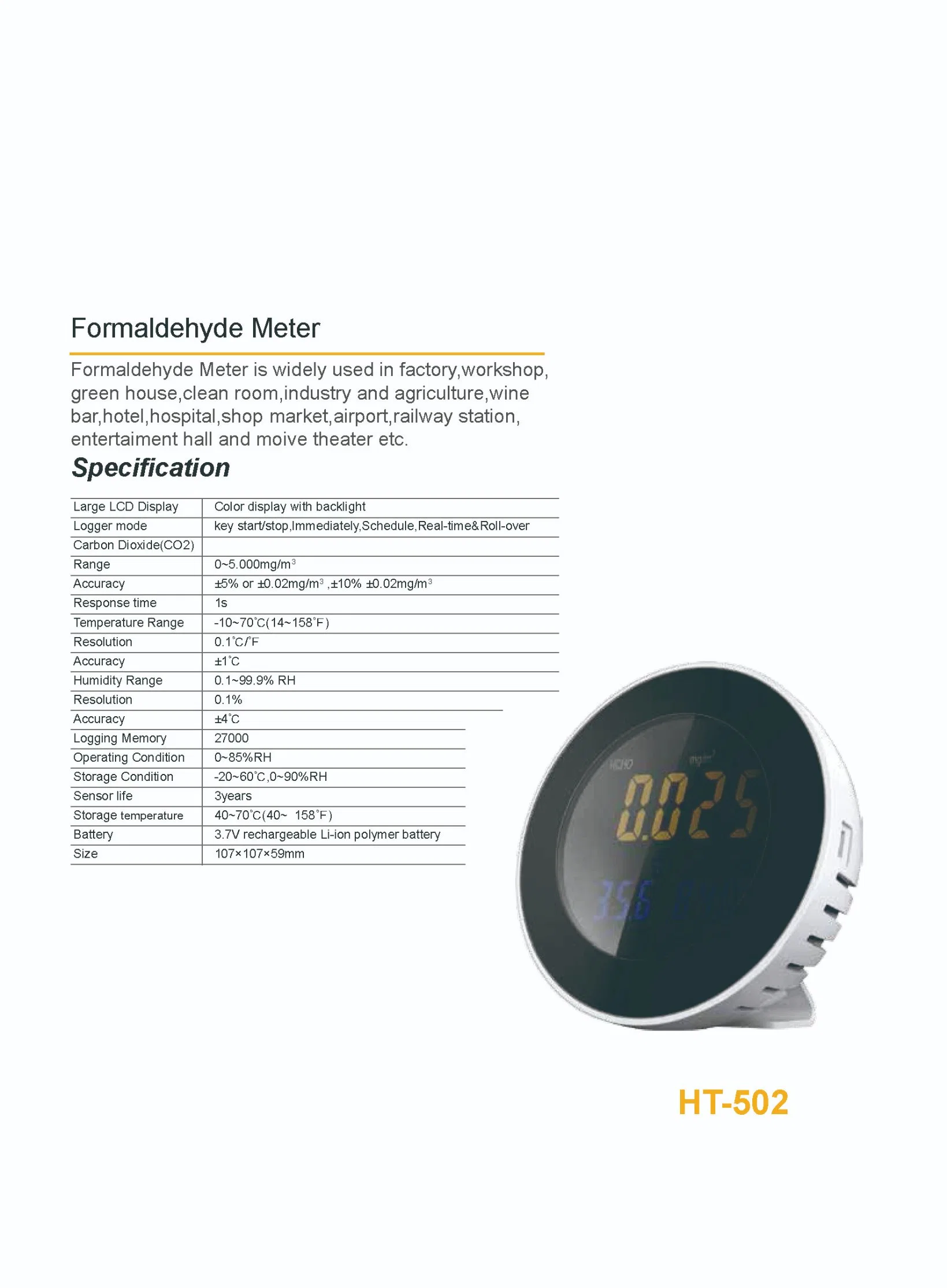 Ht-502 Indoor Air Quality Compteur compteur de surveillance de température de CO2 Analyseurs de gaz