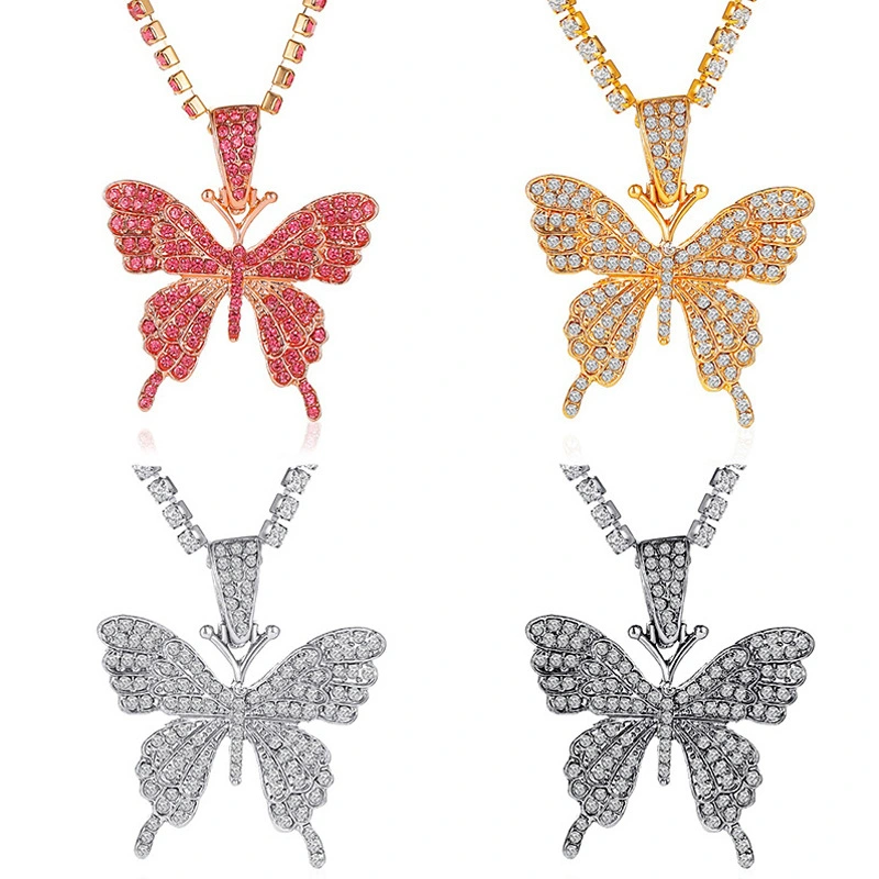 Fashion Hiphop Diamond Cuban Link Pink Butterfly Necklace Pendant Chain