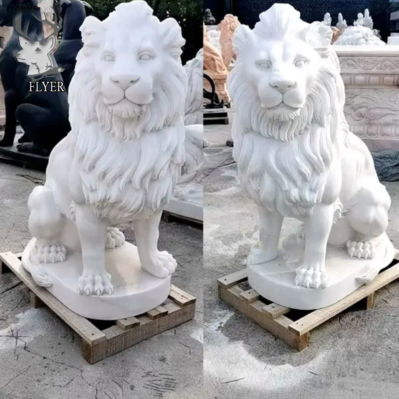 Customized Garden Decor White Granite Marble Carving Pair of Lions Statues Sculpture