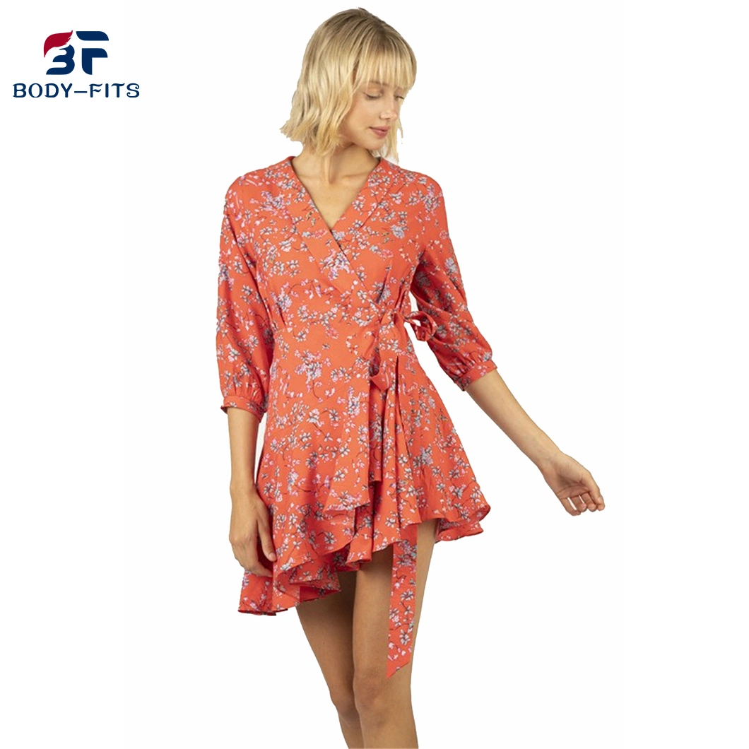 Custom Women Red Floral Print One Piece Design Spring Summer Wrap Dress Lady with Waist Belt