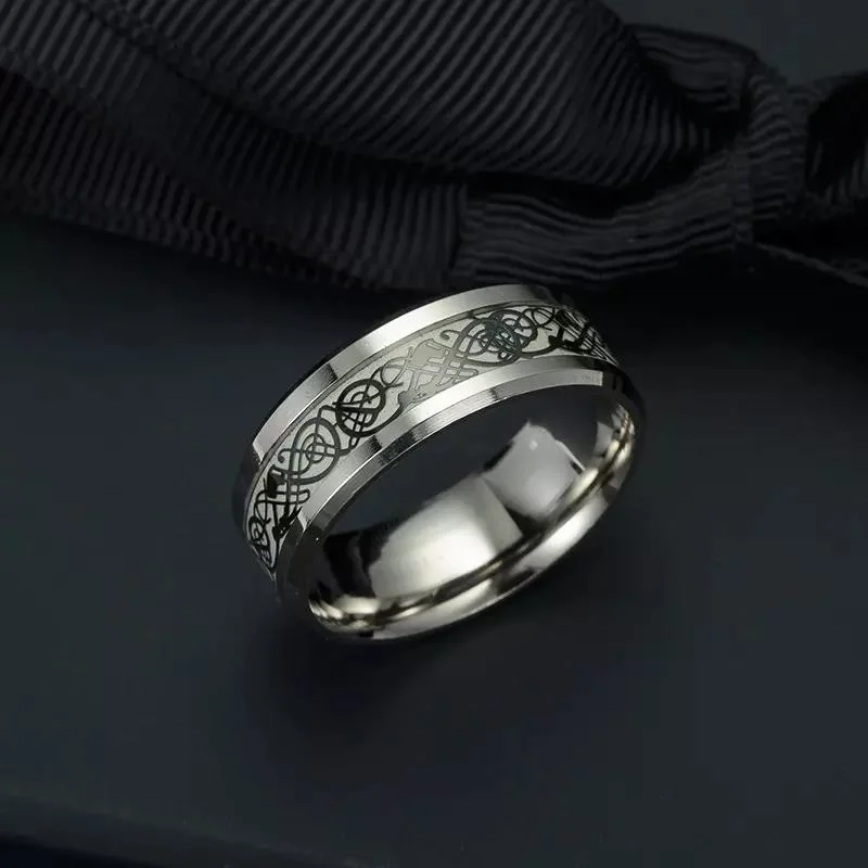 Dragon Texture Male Silver Ring Polishing Stainless Steel Ring Man