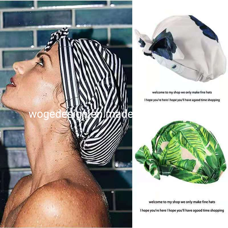 Fashion Women Stripe Coconut Palm and Polka DOT Print Pattern Waterproof Reusable Shower Hair Caps for Long Short Curly