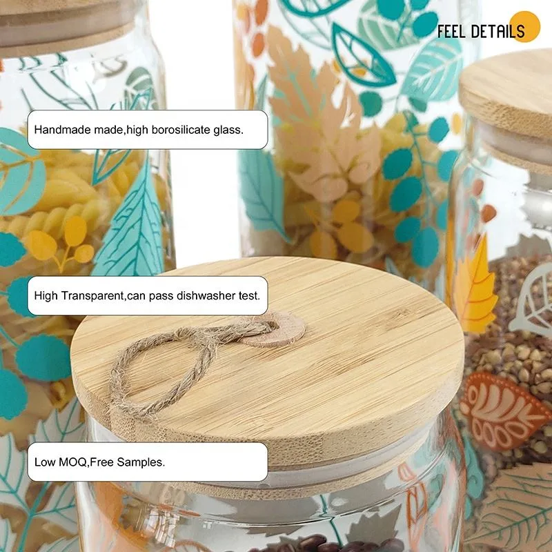 Set of 4 High Borosilicate Glass Decal Pattern Storage Container Jar with Wooden Lid