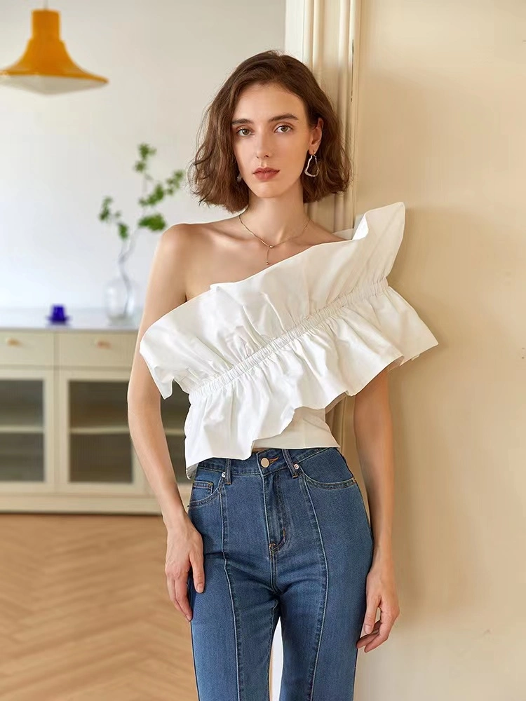 New Design Ruffle Slim Fitted Waist Elegant Summer Ladies Blouse