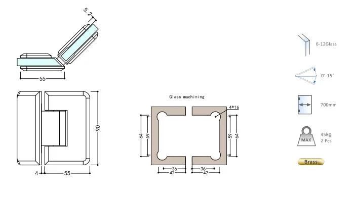 135 &deg; Self Closed Hinged Beveled Glass to Glass Brass Shower Door Hardware OEM