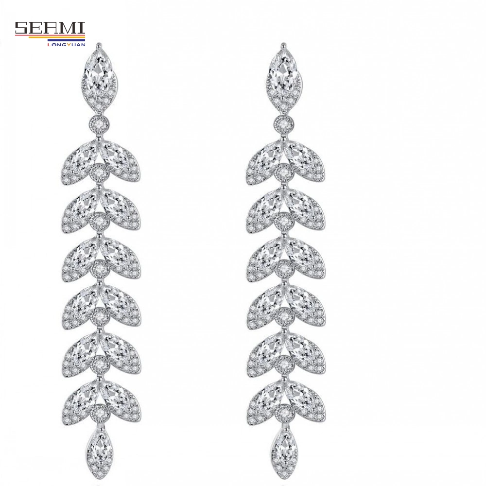 Factory Wholesale AAA Zircon Long Leaf Brass Earrings