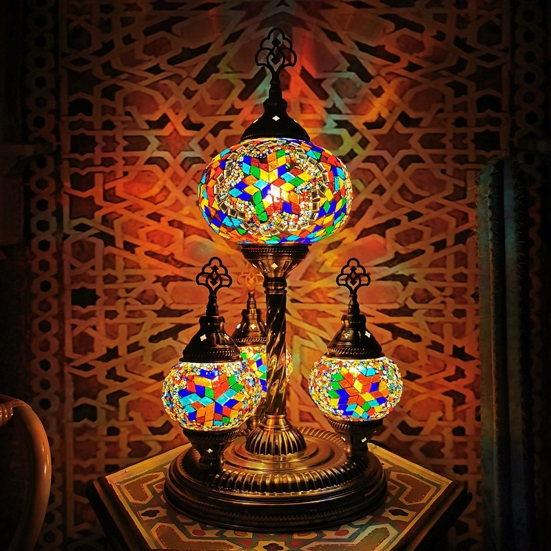 Turkish Restaurant Glass Table Lamp with Brozne Metal Base Colorful Handmade Desktop Lamp (WH-VTB-20)