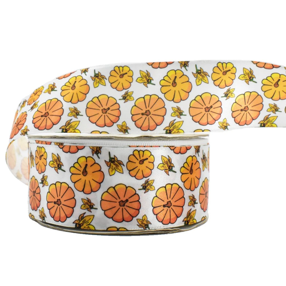 Custom Thanksgiving Day Gift Ribbon Decorative DIY Pumpkin Pattern Printed Polyester Satin Ribbon