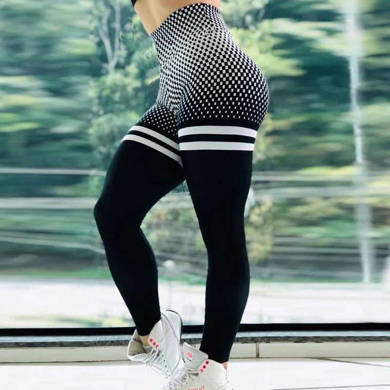 Digital Printing Striped Yoga Stretchy Grid Leggings for Women