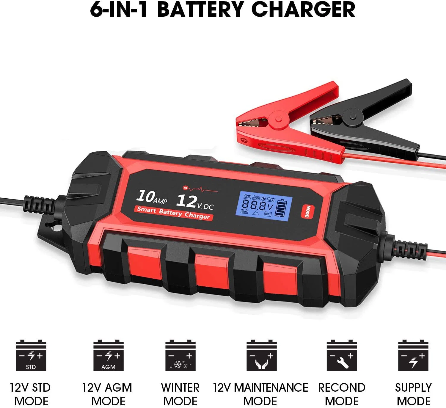 LiFePO 6V 12V 10A Chargeur de batterie de voiture intelligent étanche avec écran LCD.