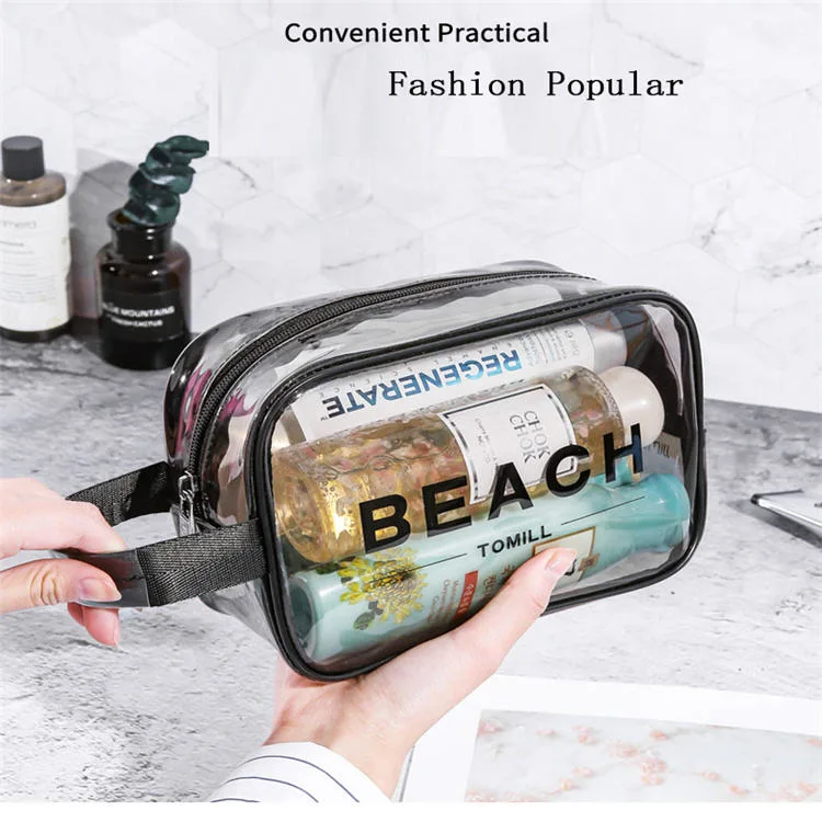 Personalized PVC Clear Waterproof Toiletry Cosmetic Bag Makeup Pouch with Hand Strap