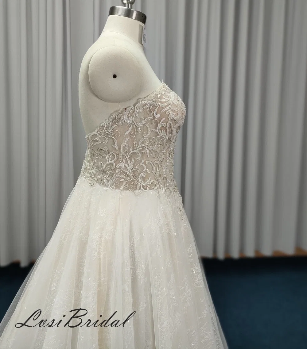 505 Sweetheart Neckline and Illusion Bodice with Wedding Dress A-Line Sparkling Tulle Dress Embroidery Beading Lace Bridal Gown Dress